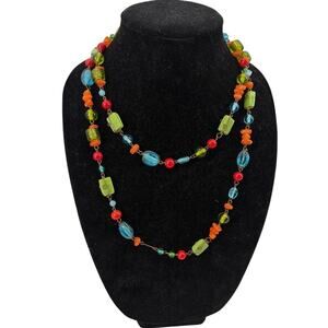 Vtg Lampwork Glass Bead Necklace Artisan Colorful Boho Long Y2K Indie Festival